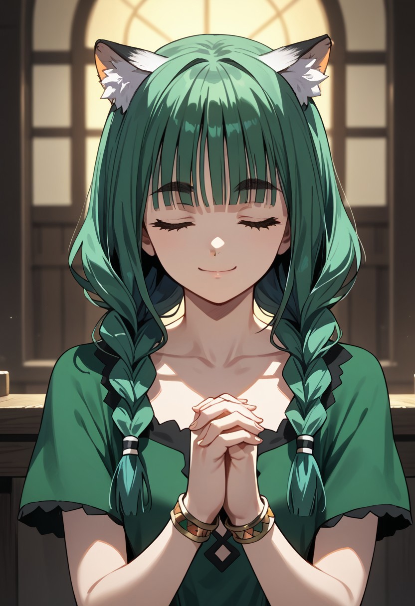 score_9,score_8_up,score_7_up,source_anime,Atla Fayon,1girl,solo,smile,dress,closed mouth,jewelry,collarbone,upper body,closed eyes,braid,short sleeves,bracelet,twin braids,animal ear fluff,thick eyebrows,own hands together,facing viewer,meme,green dress,