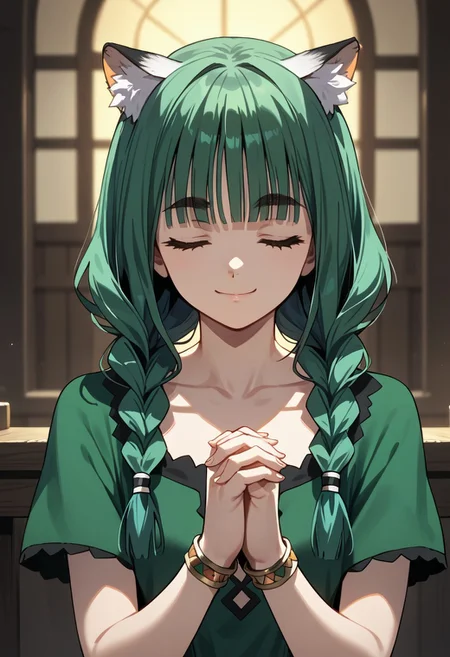 score_9,score_8_up,score_7_up,source_anime,Atla Fayon,1girl,solo,smile,dress,closed mouth,jewelry,collarbone,upper body,closed eyes,braid,short sleeves,bracelet,twin braids,animal ear fluff,thick eyebrows,own hands together,facing viewer,meme,green dress,