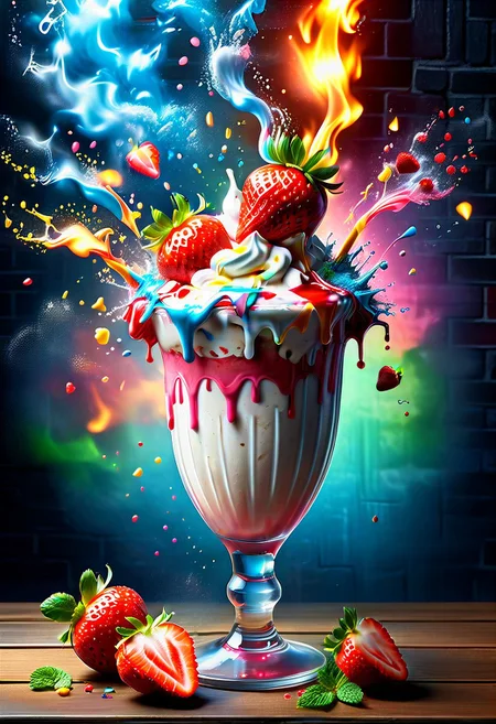 A luscious and mouthwatering digital illustration of a vanilla milkshake, with fresh strawberries cascading into the creamy concoction in a delightful explosion of flavor and texture. The image captures the essence of indulgence and delight, with a hyper-realistic rendering that makes the viewer feel as if they could reach out and take a sip. The artist has skillfully captured the delicate balance of light and shadow, as well as the intricate details of the milkshake's texture and the strawberries' delicate seeds,
a waterfall of liquid chocolate in the frappe ,
The overall composition is inspired by the work of renowned artists such as Alexander Kucharsky, Derek Zabrocki, and Igor Morski, with a focus on creating a stunning and immersive visual experience that celebrates the beauty and pleasure of food and drink.
background of a London style brick wall, with neon lights and signs, relaxed environment, flaming lights, glowing