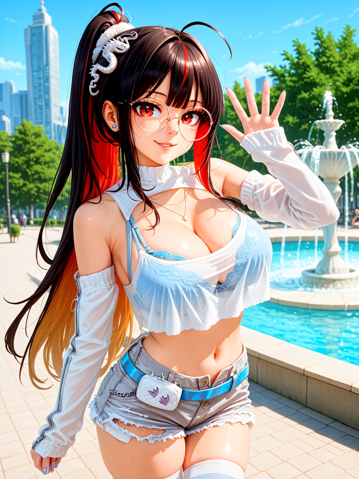 1girl, solo, focus, moranoffdutyqueen, red eyes, bare shoulders, large breasts, cleavage, midriff, navel, blue nails, nail polish, <lora:Moran_Off-Duty_Queen_IL:1>, BREAK,
black hair, red hair, brown hair, multicolored hair, streaked hair, colored inner hair, very long hair, high ponytail, hair scrunchie, ahoge, hair intakes, blunt bangs, double-parted bangs, long sidelocks, BREAK,
dragon hair ornament, round eyewear, stud earrings, crop top, white camisole, halterneck, cleavage cutout, necklace, lingerie, bra peek, blue bra, BREAK,
shoulder cutout, detached sleeves, white sleeves, sleeves past wrists, sleeve zipper, zipper pull tab, BREAK,
torn shorts, grey shorts, short shorts, denim shorts, open fly, belt, dinosaur footprints, white thighhighs, white shoes, BREAK,
standing, waving, looking at viewer, cowboy shot, BREAK,
outdoors, city, fountain