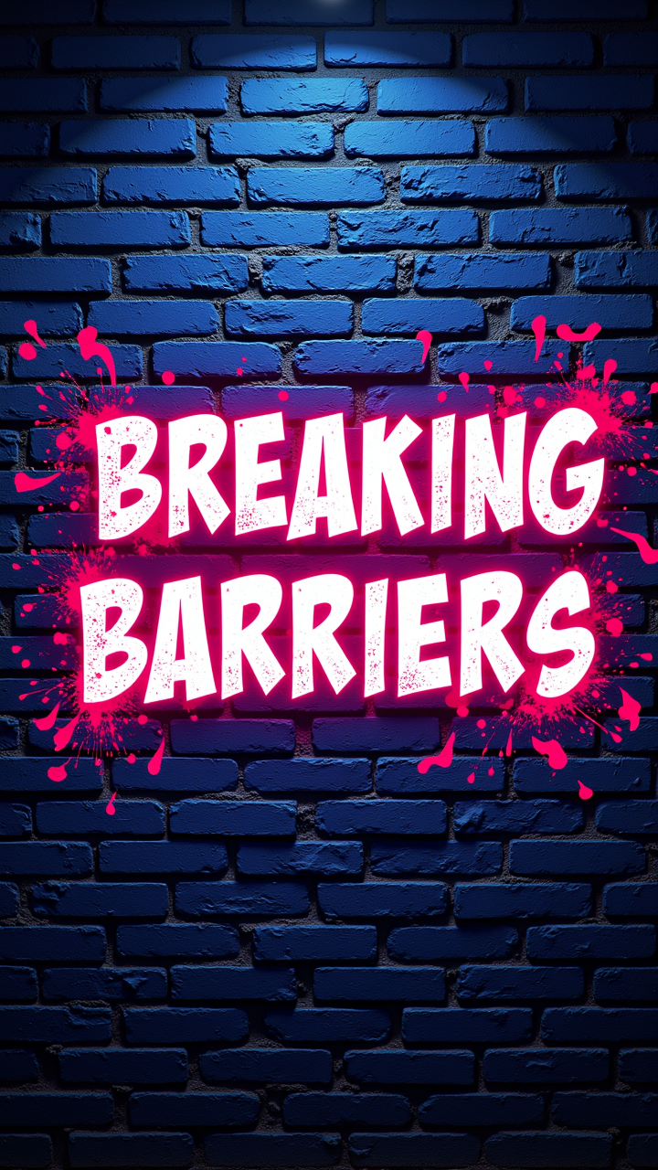 A graffiti-style poster with a brick wall in the background, the text âBreaking Barriersâ spray-painted in neon colors across the center.   ,aidmatextimprover