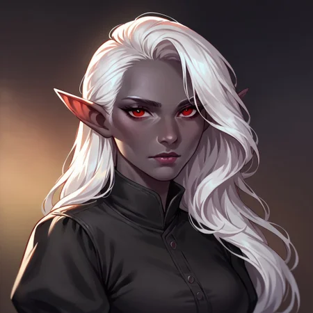 (((detailed, beautiful, high quality))), score_9, score_8_up, score_7_up, upper body,
drow, dark elf, pointed ears,
1 girl, white hair, long hair, red eyes, dark gray skin, black shirt, rolled up sleeves,
looking at the viewer, posing,
blurred background, fantasy background, dark background,