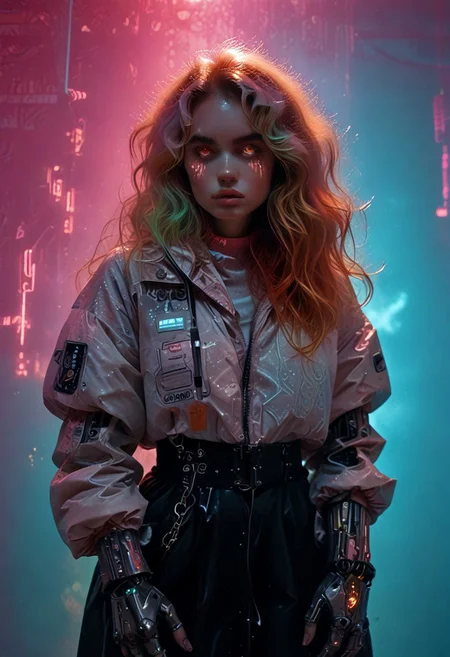 score_7_up, (score_9:1.1), (ugly:0.9),(pretty:1.4),1woman, adult, realistic, realism, hyper realistic, sparkling hair, floaty hair, wavy hair, (soft light coloured hair:1.3), (red iris, glowing iris, neon white pupils:1.3), looking at viewer, big hair, huge afro, zero gravity hair, detailed, perfect, perfection, hands, big scar across face,
BREAK,
((extra_puffy_jacket, black skirt, glossy lips, shiny skin)), full lips, hands behind back, (upper body:1.9), blocky shape cybernetics, cybernetics, cybernetic skin, raised eyebrow, pale skin, ((snub nose:1.4)), breasts, (prominent abs:1.1), focus upper body, sweating,
BREAK,
(neon background, future slums, neon, cybernetic background, mist:1.3),(cybernetic mechanical arm, prosthesis:1.3),