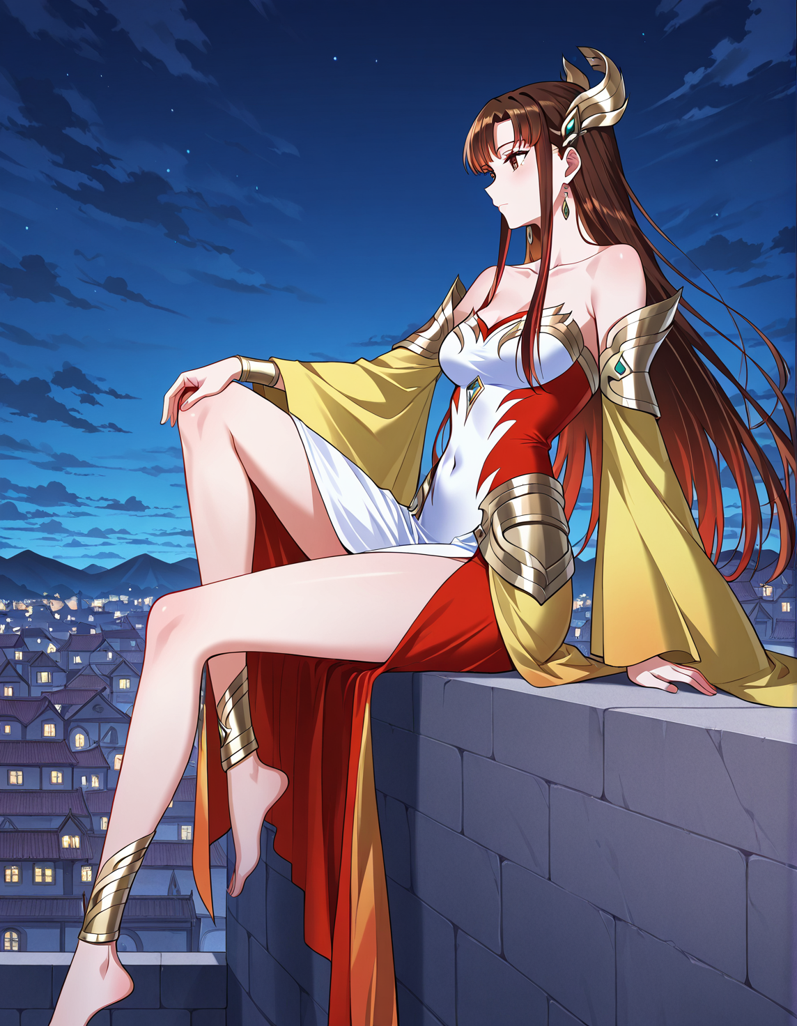 <lora:Phoenix_Lady_Illustrious:1>
1 girl, solo, long hair, multicolored hair, red hair, brown hair, bangs, sidelocks, brown eyes
dress, jewelry, bare shoulders, earring, hair ornament, collarbone, covered navel, strapless dress, barefoot, anklet, bracelete, wide sleeves
score_9, score_8_up, score_7_up, score_6_up, source_anime, masterpiece, best quality, absurdres, highres, newest, anime coloring <break>  1girl, solo, sitting, on wall, from side, town, night sky, cloud