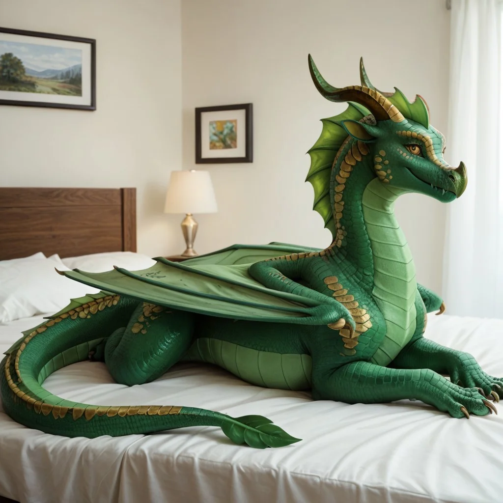 score_9, score_8_up, score_7_up, score_6_up, masterpiece, high quality, realistic, detailed, best quality, 1girl, solo, rating_safe, source_furry, bedroom, white bed, smiling, seductive, looking at viewer, lying on belly, detailed eyes, feral, Leafwing, green scales, dragon, horns, claws, scales, wings, leaf shaped wings, tail, leaf tipped tail, feral, Sundew_wof, gold spots, female, 1girl, yellow eyes, green horns