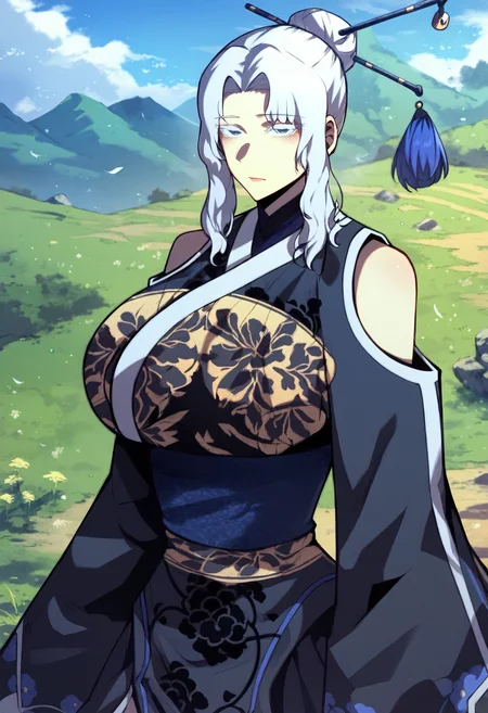 score_9, score_8_up, score_7_up, score_6_up, source_anime, rating_explicit, 1girl, solo, huge breasts,<lora:Talaris Endorma prefectPonyxl:0.9> single hair bun, hair ornament, hair stick, white hair, sidelocks, blue eyes, colored eyelashes, parted bangs, japanese clothes, floral print dress, bare shoulders, shoulder cutout, sash, long sleeves, wide sleeves, expressionless, grasslands, outdoors, looking at viewer