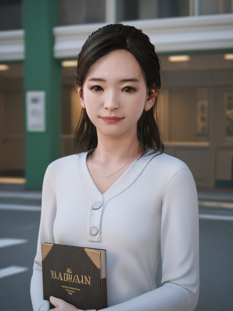 score_9, score_8_up,score_7_up,1girl, <lora:Sawa_Yoko:1>sawa yoko, on the street,3d,smile,holding book,