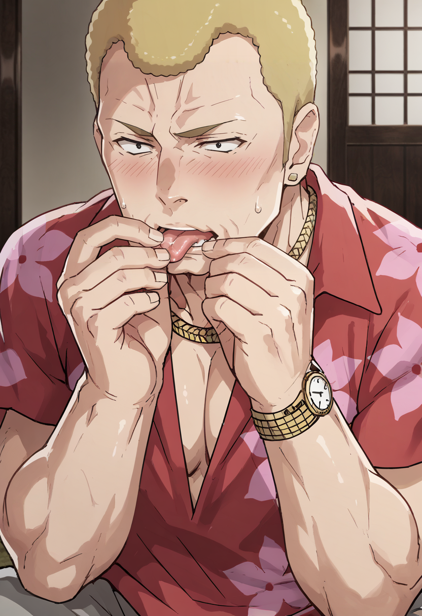 score_9, score_8_up, score_7_up, source_anime, houjouteppei, 1boy, solo, male focus, mature male, muscular male, bara, (l1ckp4p3r:1.4), licking, joint, doobie, blush, sweatdrop, indoors, blonde hair, short hair, black eyes, red and pink hawaiian shirt, wristwatch, necklace, grey pants, cleft chin, extremely detailed, 8k, best quality, amazing quality, best aesthetic, absurdres, <lora:l1ckp4p3rXLP:0.7> <lora:teppei_pony-2:1.5>