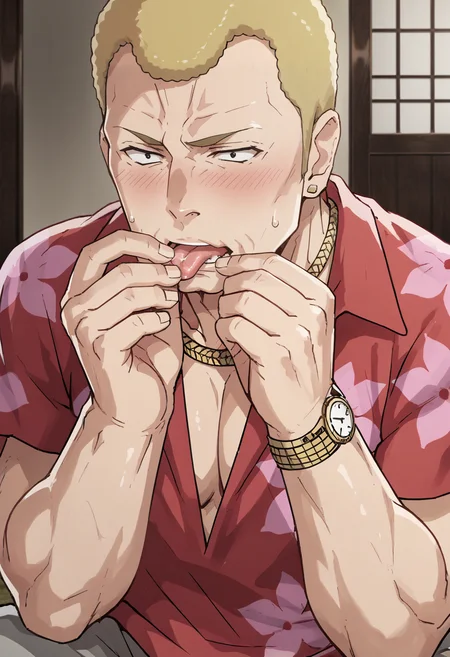 score_9, score_8_up, score_7_up, source_anime, houjouteppei, 1boy, solo, male focus, mature male, muscular male, bara, (l1ckp4p3r:1.4), licking, joint, doobie, blush, sweatdrop, indoors, blonde hair, short hair, black eyes, red and pink hawaiian shirt, wristwatch, necklace, grey pants, cleft chin, extremely detailed, 8k, best quality, amazing quality, best aesthetic, absurdres, <lora:l1ckp4p3rXLP:0.7> <lora:teppei_pony-2:1.5>