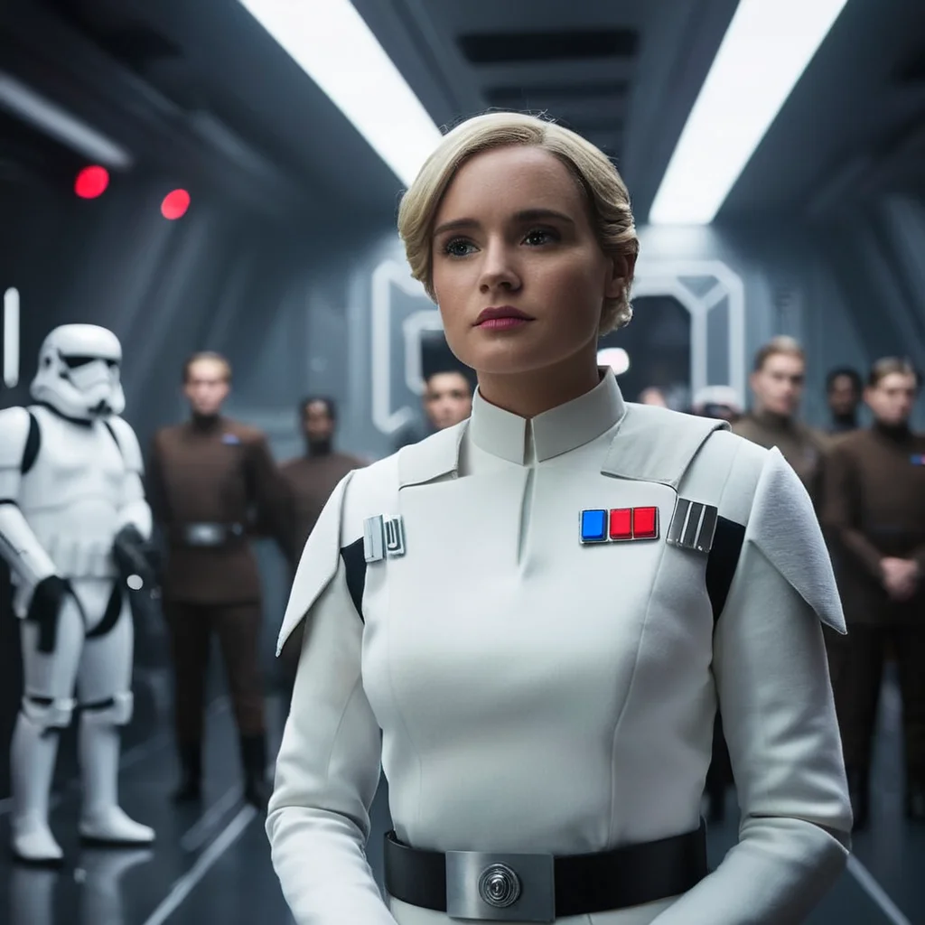 cinematic film still of <lora:star wars style v2:0.8>
<lora:detailed:0.4> detailed
<lora:perfection style:0.4> perfect
<lora:PerfectEyesXL:0.5>
<lora:Chiaroscuro Lighting Style:0.3>
In Star Wars Fictional universe Imperial Elite officer 1 a woman in a white uniform standing in a room,solo,looking at viewer,blonde hair,1boy,upper body,male focus,uniform,facial hair,realistic , cinematic, film, detailed background, motion picture style, different style, different people, space opera, realistic, sci fi style, cinematic light, dramatic light, perfect color, perfect scene, star wars style, shallow depth of field, vignette, highly detailed, high budget, bokeh, cinemascope, moody, epic, gorgeous, film grain, grainy