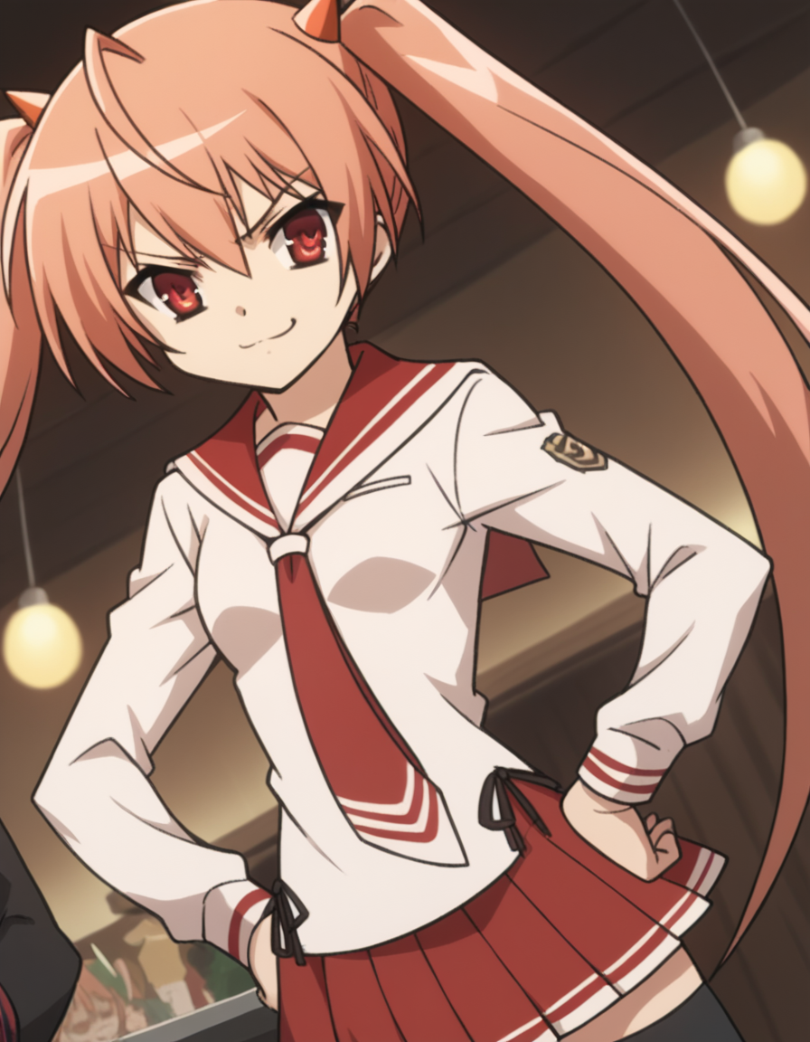 score_9, score_8_up, score_7_up, source_anime, <lora:aria-holmes-kanzaki-s1-ponyxl-lora-nochekaiser:1>, aria holmes kanzaki, long hair, red eyes, twintails, pink hair,, skirt, thighhighs, school uniform, serafuku, zettai ryouiki, white shirt, long sleeves, red sailor collar, necktie, red necktie, red skirt, pleated skirt,, restaurant, laughter, good food, warm lighting, celebration, , smug, hands on hips,, looking at viewer, solo,, dutch angle, cowboy shot