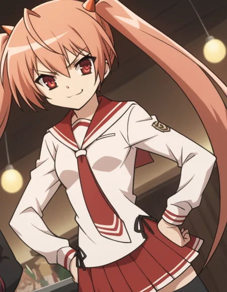 score_9, score_8_up, score_7_up, source_anime, <lora:aria-holmes-kanzaki-s1-ponyxl-lora-nochekaiser:1>, aria holmes kanzaki, long hair, red eyes, twintails, pink hair,, skirt, thighhighs, school uniform, serafuku, zettai ryouiki, white shirt, long sleeves, red sailor collar, necktie, red necktie, red skirt, pleated skirt,, restaurant, laughter, good food, warm lighting, celebration, , smug, hands on hips,, looking at viewer, solo,, dutch angle, cowboy shot