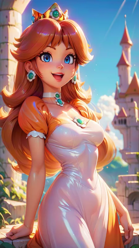 score_4,score_5,score_6,score_7_up,score_8_up,score_9 BREAK 1girl,solo,jewelry,earrings,long hair,breasts,very long hair,big hair,choker,dress,medium breasts,:d,outdoors,smile,open mouth,<lora:Princess_Peach_Shiny_Style_V2:0.8>,shiny,shiny skin,princess daisy,castle,