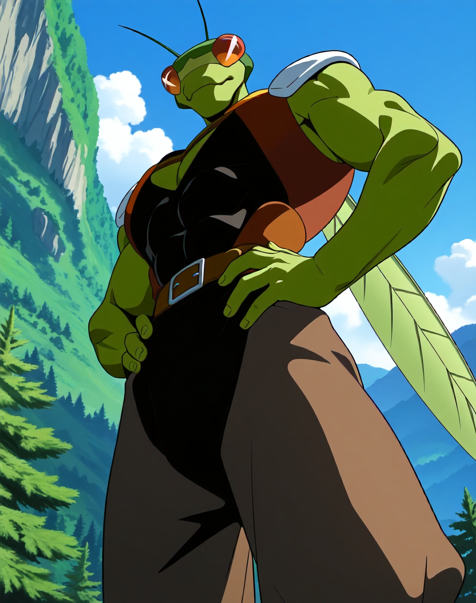 <lora:Katris_(Shinzo)_(Illustrious)_(AD):1> Katris, mantis, Shinzo, 
((
exterior, vivid anime blue sky with detailed clouds, forest, mountains, valley, tree cover, 
dynamic action, cowboy shot, insect anthro, chest focus, smug arrogant expression, looks down on you, strong warrior, muscular, abs, hands on hips, manly, sexy, smile, 
)),
BREAK: very awe, aesthetically pleasing, masterpiece, best quality, amazing quality, very aesthetic, perfect depth of field shot, source_anime, masterclass_anime, gradient coloring, subsurface reflections, 3d rendering, vivid colors, 
masterpiece, best quality, amazing quality, very aesthetic, high resolution, ultra-detailed, absurdres, newest, scenery, {Prompt}, BREAK, detailed background, volumetric lighting,
BREAK: lazympos, lazypos (3),