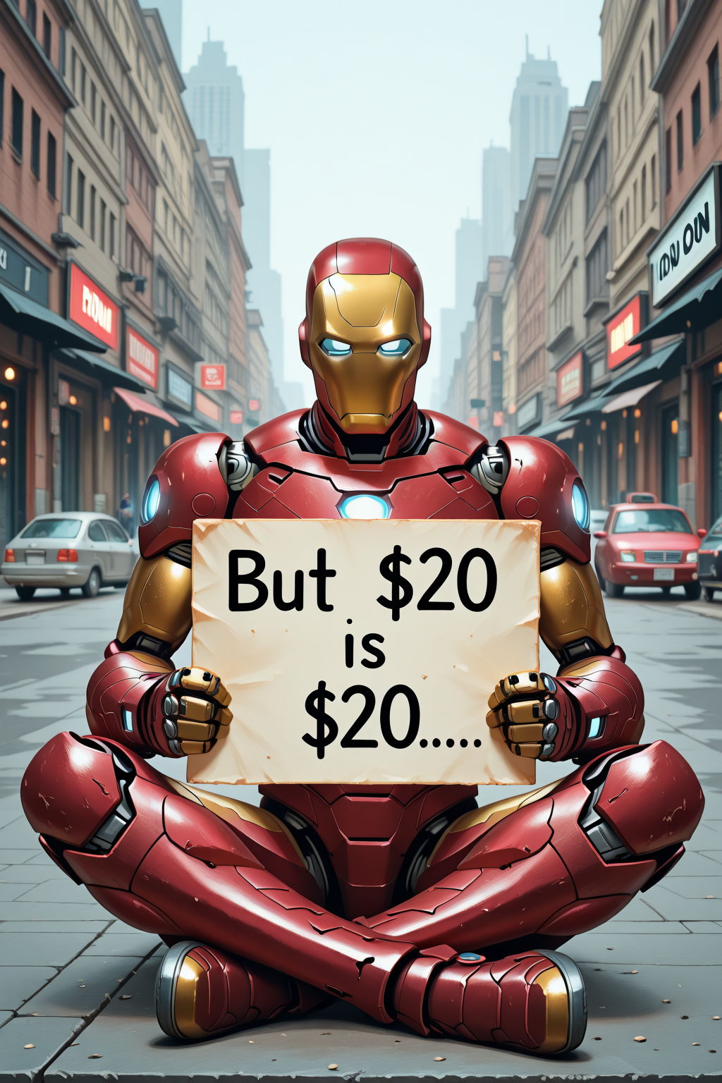 20is20, holding sign, anime, 1boy, sign, masterpiece, looking at viewer, ironman, city, outdoors, sitting <lora:$20_is_$20_Holding_Sign_v1.0_-_Illustrious_by_JANXD:1>