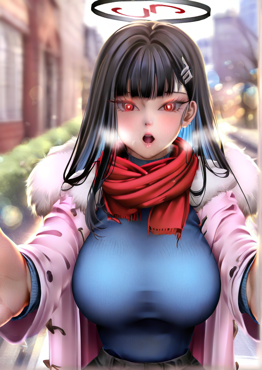 <lora:bearwitch:1.2>,1girl, rio (blue archive), detailed background, huge breasts, wide hips, :o, alternate costume, black hair, blue sweater, blurry, blurry background, bokeh, breath, bright pupils, casual, coat, depth of field, duffel coat, foreshortening, fur-trimmed coat, fur trim, halo, looking at viewer, meme, outdoors, pov cheek warming (meme), reaching, reaching towards viewer, red eyes, red scarf, scarf, single sidelock, solo, sweater, upper body, white pupils, 
very awa, masterpiece, best quality, highres, absurdes,amazing quality