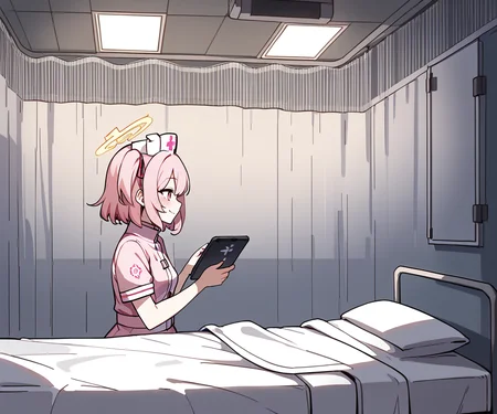 score_9, score_8_up, score_7_up, score_6_up, masterpiece, best quality, high quality, very aesthetic, absurdres, 2girls, female standing next to bed, facing another, holding tablet pc, female focus, rating safe, light smile, blush:0.2, matching outfits, size difference,
<lora:serina-nurse_blue archive_PONY_last:0.8> serina-nurse, serina \(blue archive\), pink eyes, pink hair, one side up, pink nurse cap, halo, from side, profile, cowboy shot,
<lora:privacy_screen_ponyDiffusionV6XL_v6_came_1420_v1.0:1>, privacy screen, white privacy screen, white ceiling, ceiling light, ronopu style, blue archive style, ceiling light, indoors,