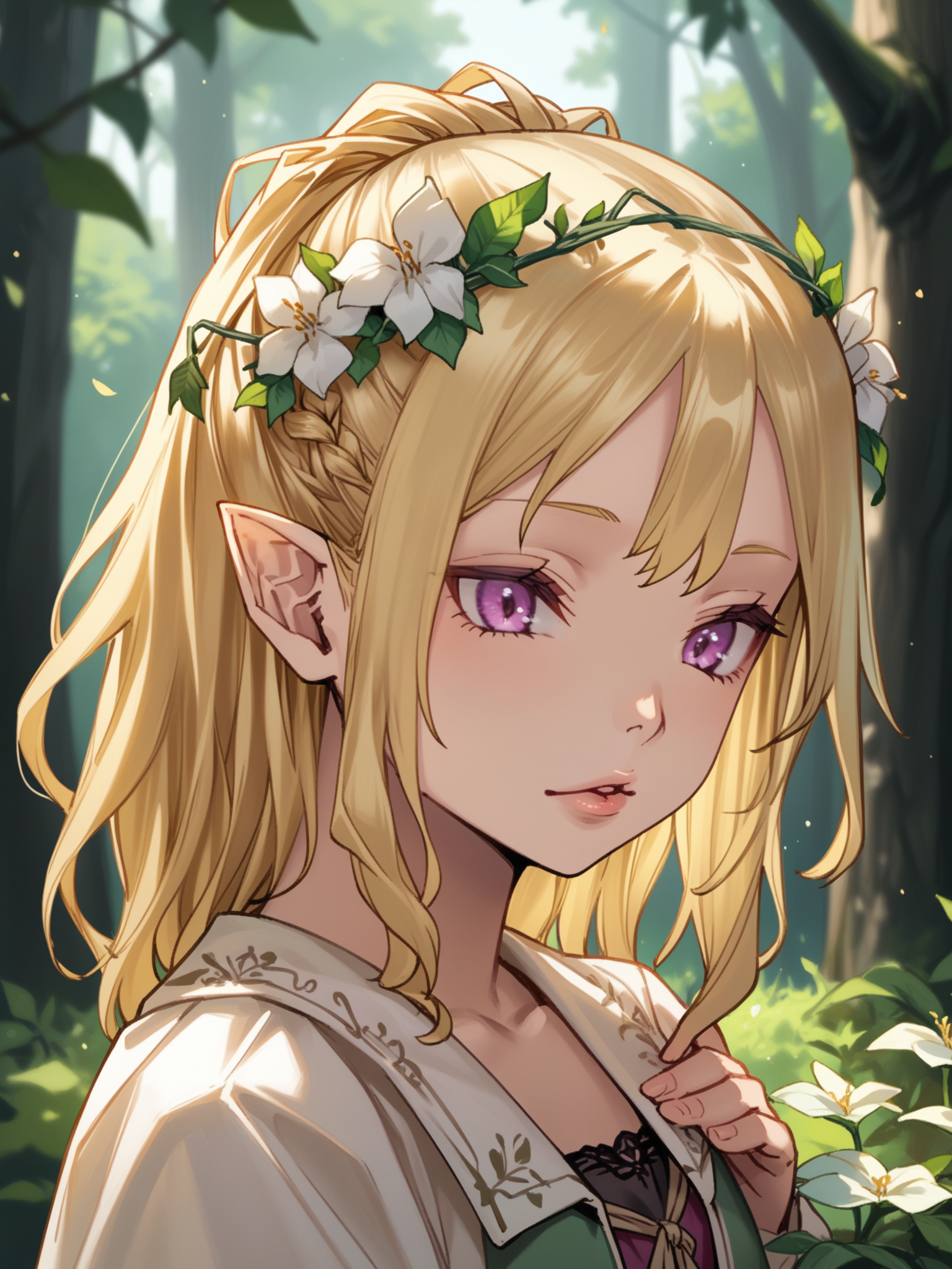 (upper body, solo focus:1.2) <lora:happy_tentacle-fuyuno-v0.3-000021:1>, ht_fuyuno, blonde hair, (petite:1.2), <lora:Shed_The_Skin's StS_age_slider_v1_initial_release:-1.3> ( :1.1) ( , , ( :1.2) , parted lips , (looking down:1.2) :1.2) , outdoors, vegetation, ( :1.1), , (day :0.6), , (:0.5), , (medieval :0.9), (forest:1.2), building, elf, pointy ears, braid, head wreath, flower ornament ( :0.8) score_9, score_8_up, score_7_up, score_6_up, score_5_up, score_4_up, ( [(realistic, photorealistic:1.3):(realistic:1.2):16] [(3d:1.2)::14] :1) <lora:LUUNA's Lunas-NijiJourney-SDXL-B2:0.35>, nijijourney <lora:prgfrg23's Counterfeit-V3.0 Style SDXL_LoRA_Pony Diffusion V6 XL:0.5> <lora:mfcg's mfcgXL:0.12> <lora:reweik's gyokai(himehajime)_PonyXL_style_v01:0.14>