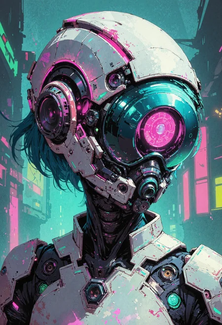 masterpiece, high-quality, pastel anime style, A close-up of a futuristic bounty hunter with short, baby-blue hair under a sleek silver helmet. Her visor displays a scrolling neon HUD in light pink and lime green. Tiny robotic drones buzz around her shoulders, reflecting pastel city lights on her glimmering cybernetic enhancements. Intricate linework shows every neon reflection and subtle scuff on her gear, <lora:FLUX\FLUX-daubrez-DB4RZ:0.3> <lora:FLUX\Anime v1.3:0.5> <lora:FLUX\DarksunRiddV4:0.6> <lora:FLUX\ArcaneFGTNR:0.5>
