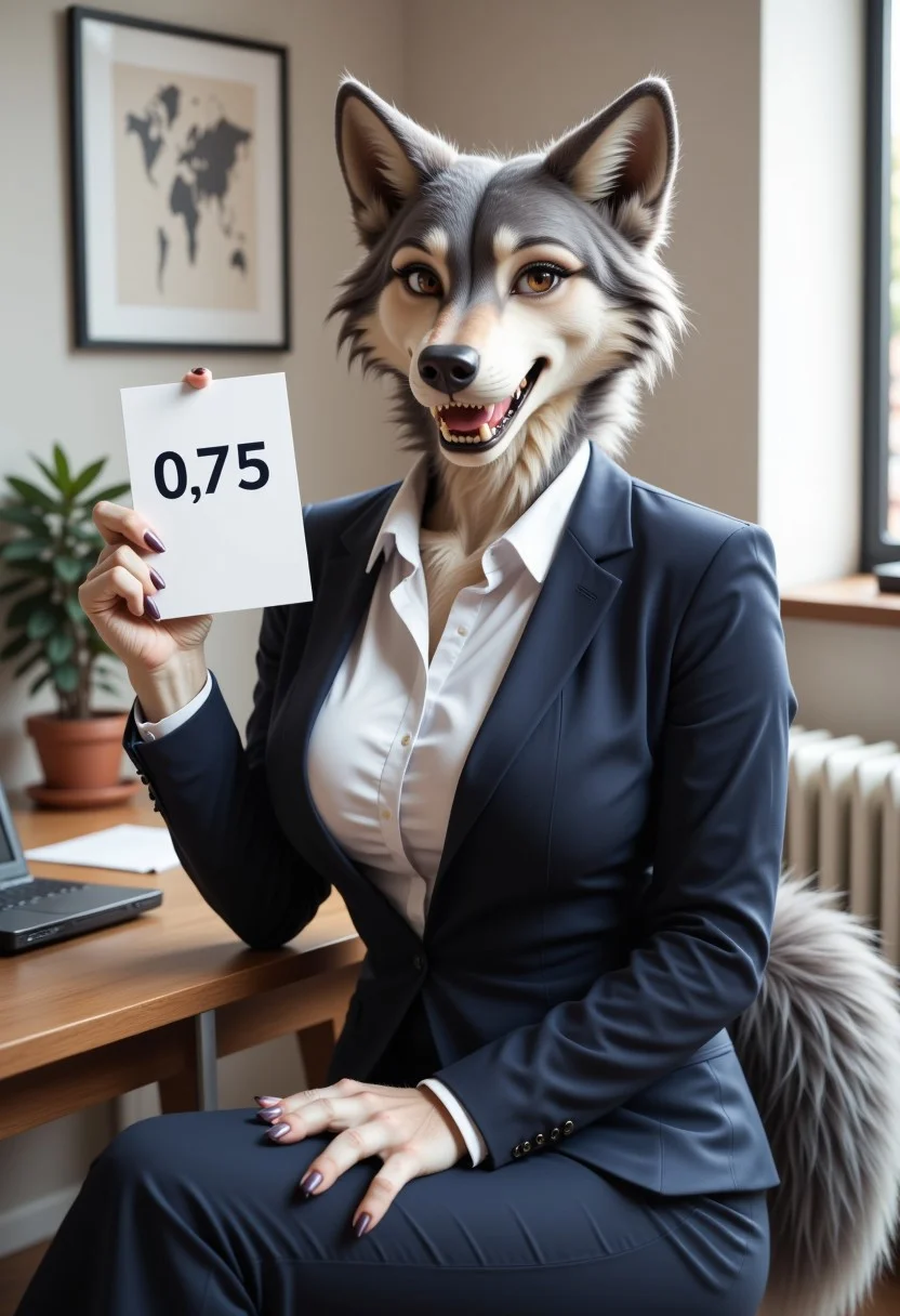 A beautiful, slender, mature furry female wolf woman is wearing a business suit. She is sitting in an office, next to her laptop. She is looking at the viewer happily with an open mouth exposing her fangs. She has a wolf tail and paws. She is holding up a sign that says "0.75"