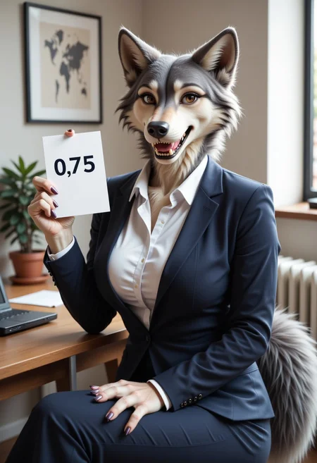 A beautiful, slender, mature furry female wolf woman is wearing a business suit. She is sitting in an office, next to her laptop. She is looking at the viewer happily with an open mouth exposing her fangs. She has a wolf tail and paws. She is holding up a sign that says "0.75"