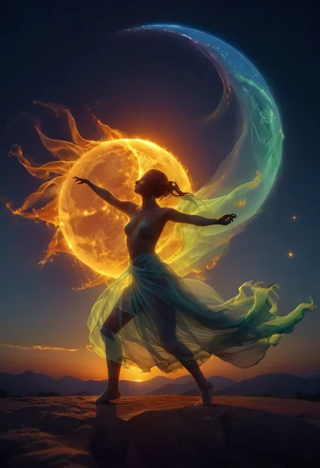 Ethereal colorful sss drunken fist - surreal scene of the night, with a nearly clear sky adorned with twinklings, colossal cosmic linen veil draping over the sun, high kick, knee up, resembling a sss sheet gently covering it, resembling a woman in fight stance, high kick flying with the moon AS their head, allowing glimpses of the sun's radiant glow to peek through in patches Like eyes, illuminated from within