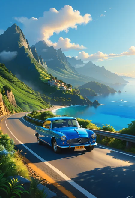 A cerulean blue car cruising along the winding coast road, sea on the left mirroring the sky, rugged mountains rising on the right, under a cloudless azure sky, surrounding landscape lush with greenery, golden sunlight bathing the entire scene, digital painting, ultra clear, realistic, with dramatic lighting.