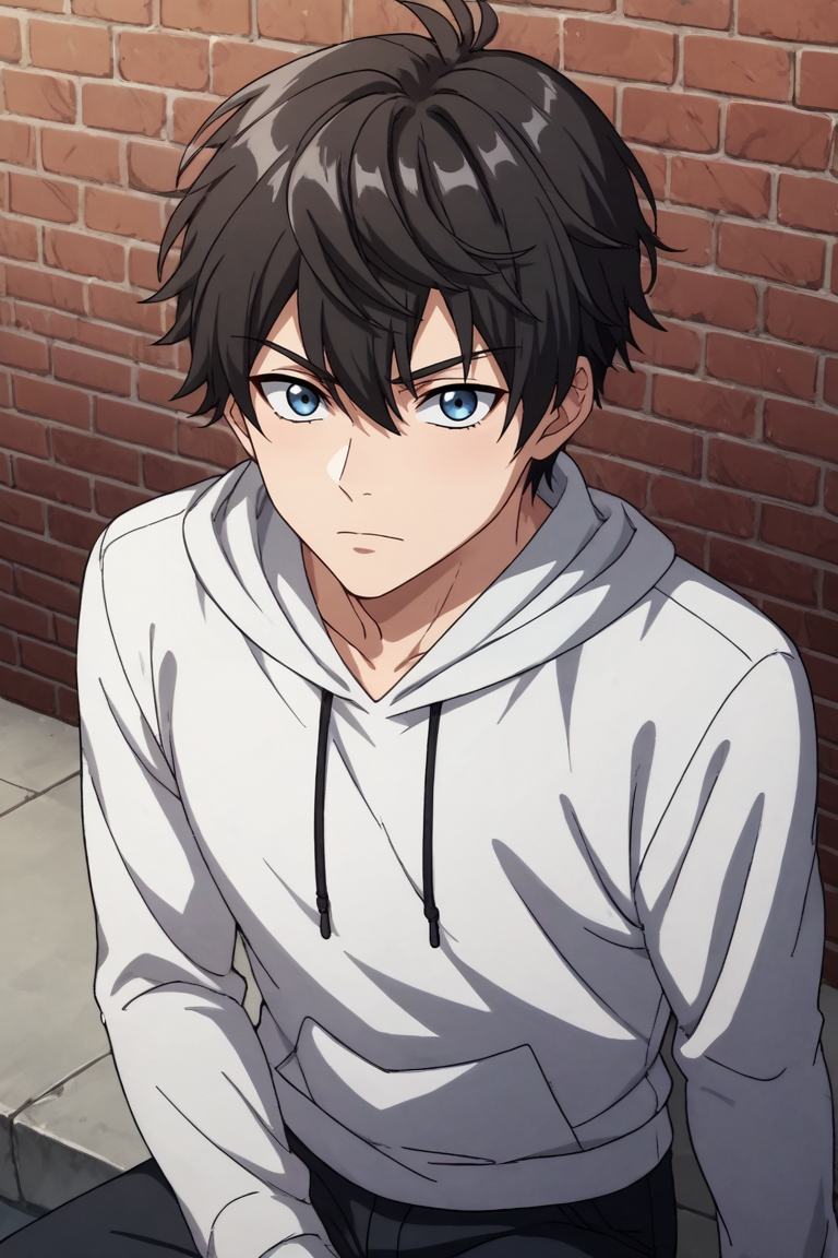 score_9, score_8_up, score_7_up,score_6_up,score_5_up,score_4_up,source_anime,BREAK, rating_safe, intricate details, , anime screencap, anime coloring, official style, depth of field,1boy, solo, male focus,<lora:Lu_Shu:0.78>,lu shu,blue-gray eyes,black hair,short hair,hair between eyes,long sleeves,jewelry,sitting,pants,hood,hoodie,black pants,brick wall,white hoodie,looking at viewer,from above , , ,<lora:sdxl_lightning_8step_lora_315544:1>