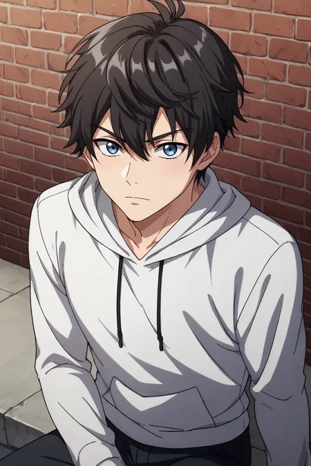 score_9, score_8_up, score_7_up,score_6_up,score_5_up,score_4_up,source_anime,BREAK, rating_safe, intricate details, , anime screencap, anime coloring, official style, depth of field,1boy, solo, male focus,<lora:Lu_Shu:0.78>,lu shu,blue-gray eyes,black hair,short hair,hair between eyes,long sleeves,jewelry,sitting,pants,hood,hoodie,black pants,brick wall,white hoodie,looking at viewer,from above , , ,<lora:sdxl_lightning_8step_lora_315544:1>