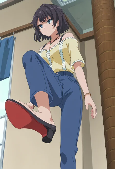 score_9, score_8_up, score_7_up, source_anime,
BREAK
<lora:shiStepV1:1>,
stepdef, from below, standing on one leg, stepped on, high heels, shoe soles, steaming body,
1girl, solo, anime screencap, anime coloring,
<lora:shiYukSisV1:1>, harudef, short hair, black hair, blue eyes, yellow shirt, cleavage, jewelry, necklace, bracelet, blue pants, off shoulder, sigh,