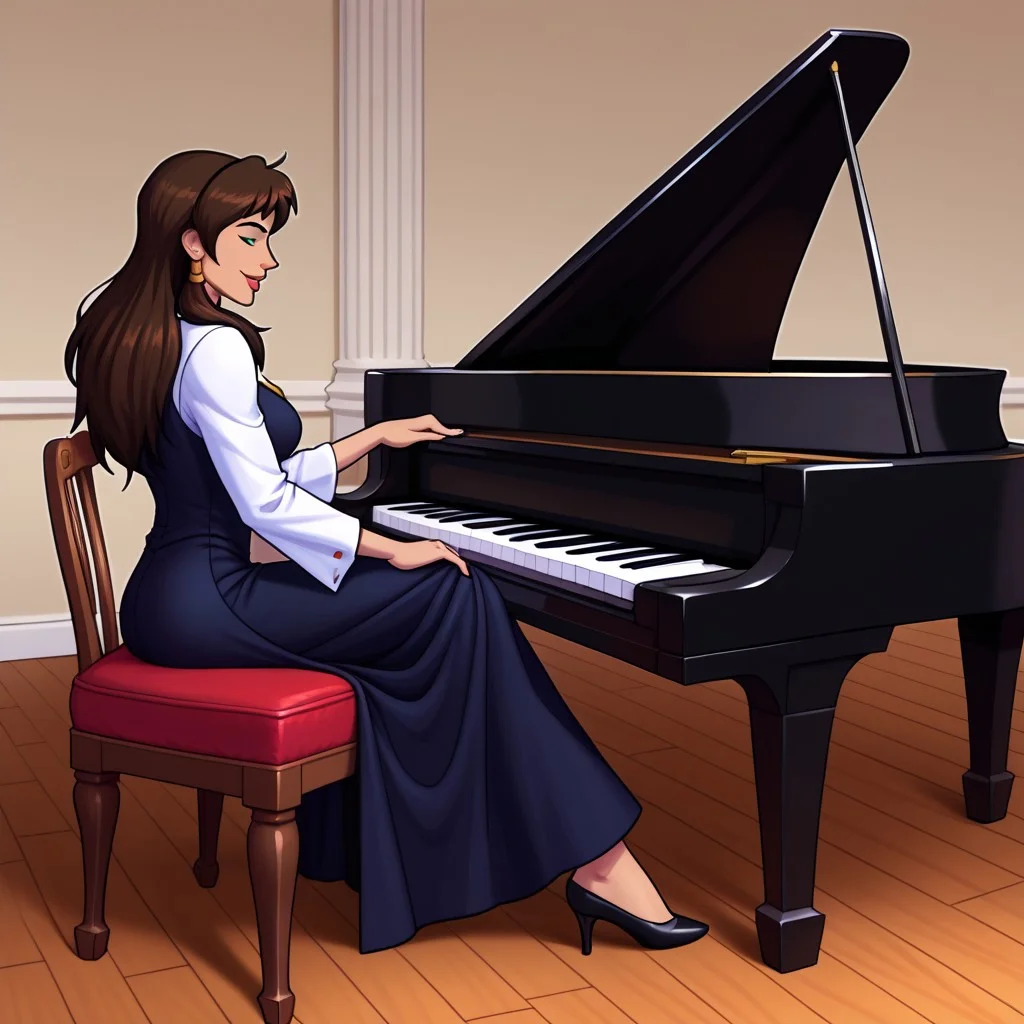 Sadira sitting at her piano and playing her piano