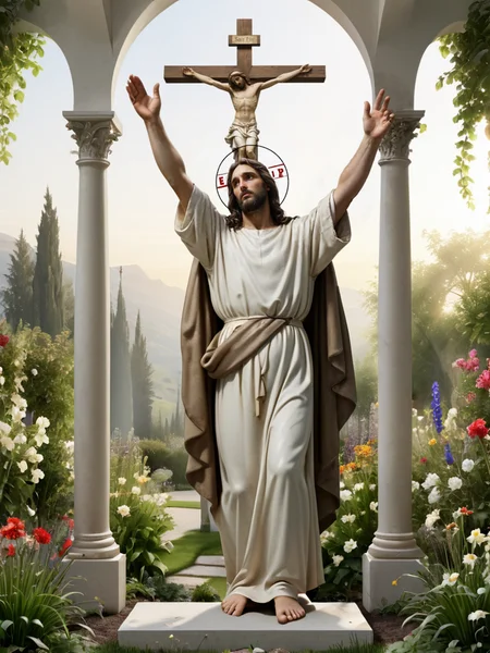 score_9, score_8_up,score_7_up, score_6_up, score_5_up, score_4_up, view of dg_DougXL, saint, position like jesus on cruzifix, saint light background, garden eden, god save him<lora:dg_DougXL:0.75>