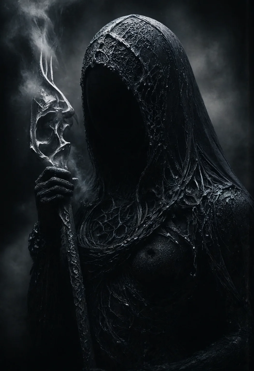highly detailed image of the Grim Reaper. He should be wearing a black to gray hooded cloak, with the hood casting deep shadows that obscure his face. ornate. The cloak should be richly decorated with intricate patterns and symbols, adding a sense of ancient and otherworldly significance. Additionally, the Grim Reaper should be adorned with numerous thick chains, draped around his neck, shoulders, and waist, enhancing his imposing and eerie presence. He should be partially shrouded in a cloud of smoke, with tendrils of mist curling around him, intensifying the dark and mysterious atmosphere. In his hand, he holds an extravagant scythe with an intricately designed blade and handle, making it a striking and formidable weapon. The background should feature an old castle, its ancient walls and towers adding to the ominous and gothic setting. sharp focus, hyperdetailed photography, masterpiece, best quality, high quality, highres, ultra-detailed, best quality, 8K, high resolution, extreme detail, (outstanding composition:1.4) <lora:flux_vividizer.safetensors:1.0>, <lora:aidmaImageUpgrader-FLUX-V0.1.safetensors:1.0>, detailmaximizer <lora:Dever_Flux_Enhancer.safetensors:0.5>, <lora:flux_vividizer.safetensors:1.0>, <lora:- Flux1 - vanta_black_V1.0.safetensors:1.0>,