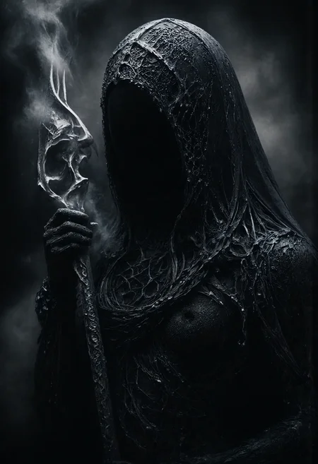highly detailed image of the Grim Reaper. He should be wearing a black to gray hooded cloak, with the hood casting deep shadows that obscure his face. ornate. The cloak should be richly decorated with intricate patterns and symbols, adding a sense of ancient and otherworldly significance. Additionally, the Grim Reaper should be adorned with numerous thick chains, draped around his neck, shoulders, and waist, enhancing his imposing and eerie presence. He should be partially shrouded in a cloud of smoke, with tendrils of mist curling around him, intensifying the dark and mysterious atmosphere. In his hand, he holds an extravagant scythe with an intricately designed blade and handle, making it a striking and formidable weapon. The background should feature an old castle, its ancient walls and towers adding to the ominous and gothic setting. sharp focus, hyperdetailed photography, masterpiece, best quality, high quality, highres, ultra-detailed, best quality, 8K, high resolution, extreme detail, (outstanding composition:1.4) <lora:flux_vividizer.safetensors:1.0>, <lora:aidmaImageUpgrader-FLUX-V0.1.safetensors:1.0>, detailmaximizer <lora:Dever_Flux_Enhancer.safetensors:0.5>, <lora:flux_vividizer.safetensors:1.0>, <lora:- Flux1 - vanta_black_V1.0.safetensors:1.0>,