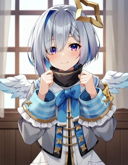 score_9, score_8_up, score_7_up, score_6_up, score_5_up, score_4_up, source_anime, anime screencap,  BREAK 1girl, solo, upper body, indoors,
<lora:Amane_Kanata_Pony:1> amane_kanata, kanata_default, star halo, multicolored hair, short hair, blue hair, grey hair, streaked hair, bangs, hair over one eye, purple eyes, flat chest, long sleeves, grey jacket, armband, angel wings, turtleneck dress,