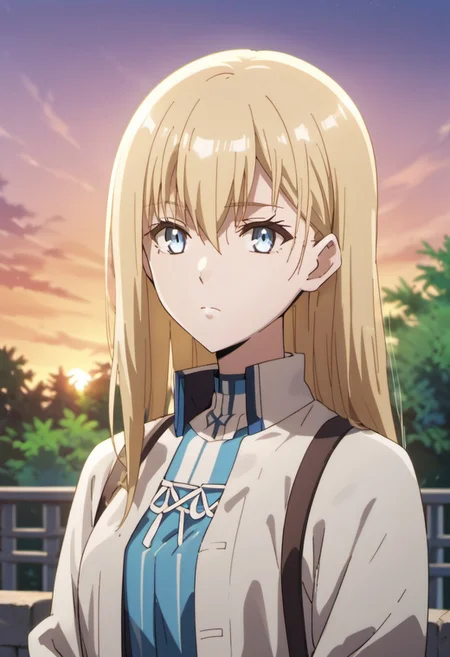 score_9, score_8_up, score_7_up, source_anime,roxy hart, blonde hair, long hair, blue eyes, 1girl, solo, outdoors, hair between eyes, closed mouth, sunset