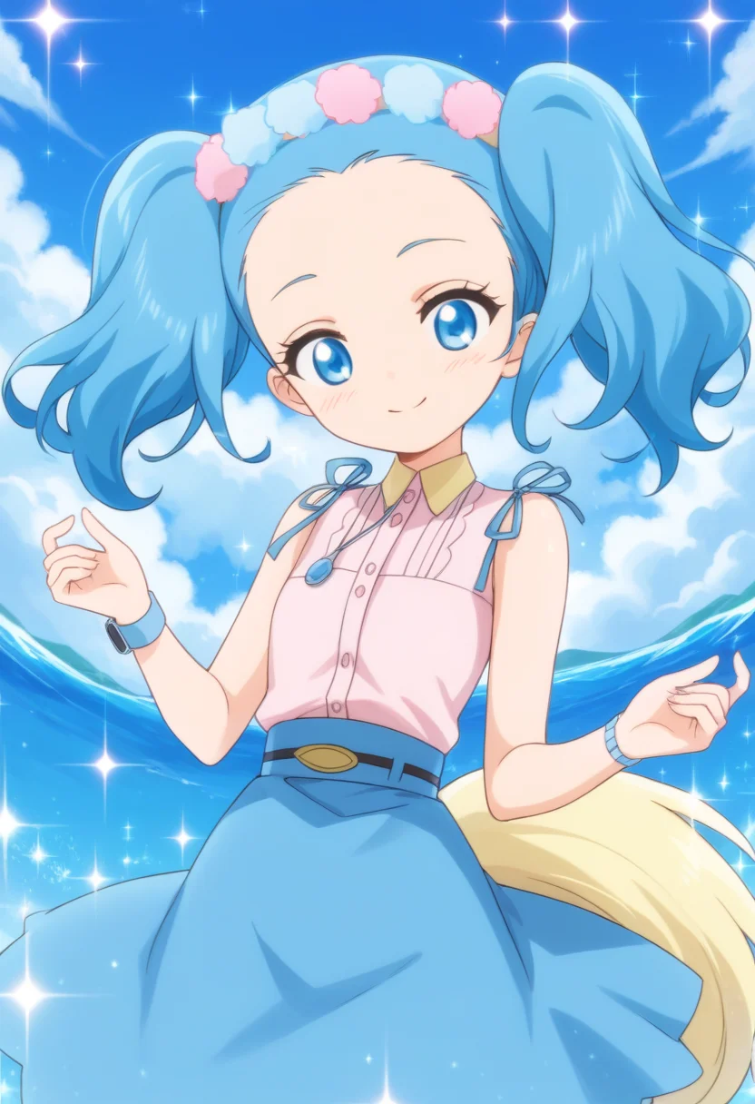 score_9, score_8_up, score_7_up, score_6_up, score_5_up, BREAK
sapphiehuman, twintails, blue eyes, blue hair, tail, wristwatch, pink shirt, blue skirt, hair ornament, head wreath, 1girl, solo, smile, blush, looking at viewer, sparkle, blue theme, forehead