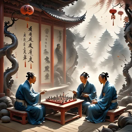 Sinoink, ral-frctlgmtry, Two players play go, they are playing outside of a tea house while enjoying a pipe of tobacco, paper lanterns and streamers decorate the outside of the Tea House