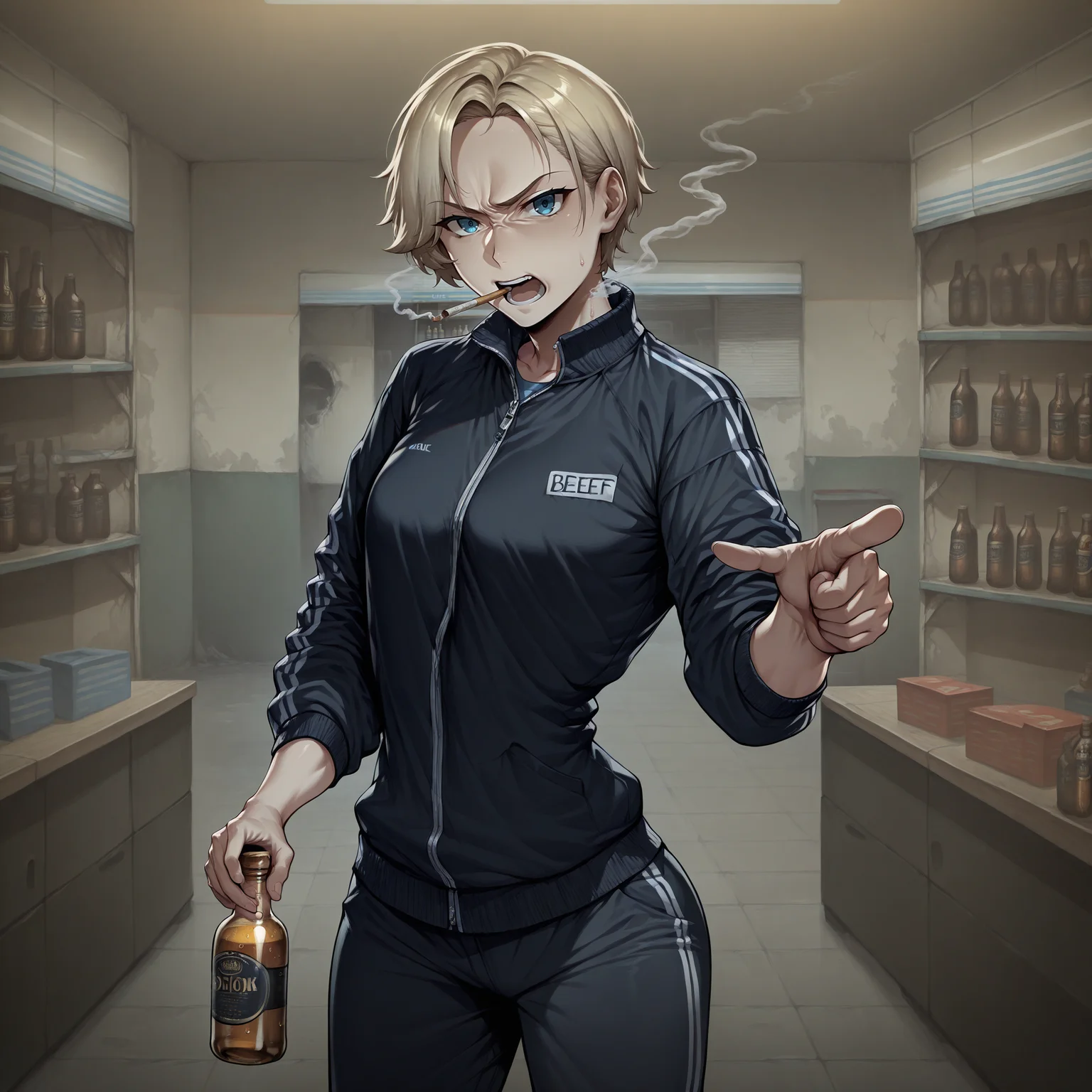 highres, hi res, best quality, masterpiece, intricate details, absurdres, 4k, semi realistic, very aesthetic, great lighting, detailed face, very aesthetic, great lighting, eft_char, (1girl, solo:1.2), tomboy, blonde,short hair, blue eyes, small breasts, black track suit, smoking, serious, talking, open mouth, standing, pointing at viewer,  holding bottle, plastic bottle, beer bottle, cowboy shot, looking at viewer, abandoned, convenience store, <lora:TarkovArtsStyle:1>