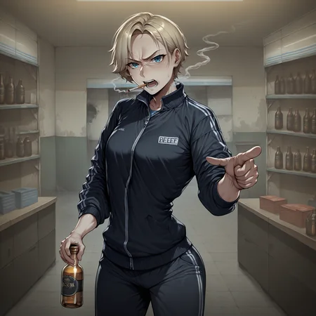 highres, hi res, best quality, masterpiece, intricate details, absurdres, 4k, semi realistic, very aesthetic, great lighting, detailed face, very aesthetic, great lighting, eft_char, (1girl, solo:1.2), tomboy, blonde,short hair, blue eyes, small breasts, black track suit, smoking, serious, talking, open mouth, standing, pointing at viewer,  holding bottle, plastic bottle, beer bottle, cowboy shot, looking at viewer, abandoned, convenience store, <lora:TarkovArtsStyle:1>