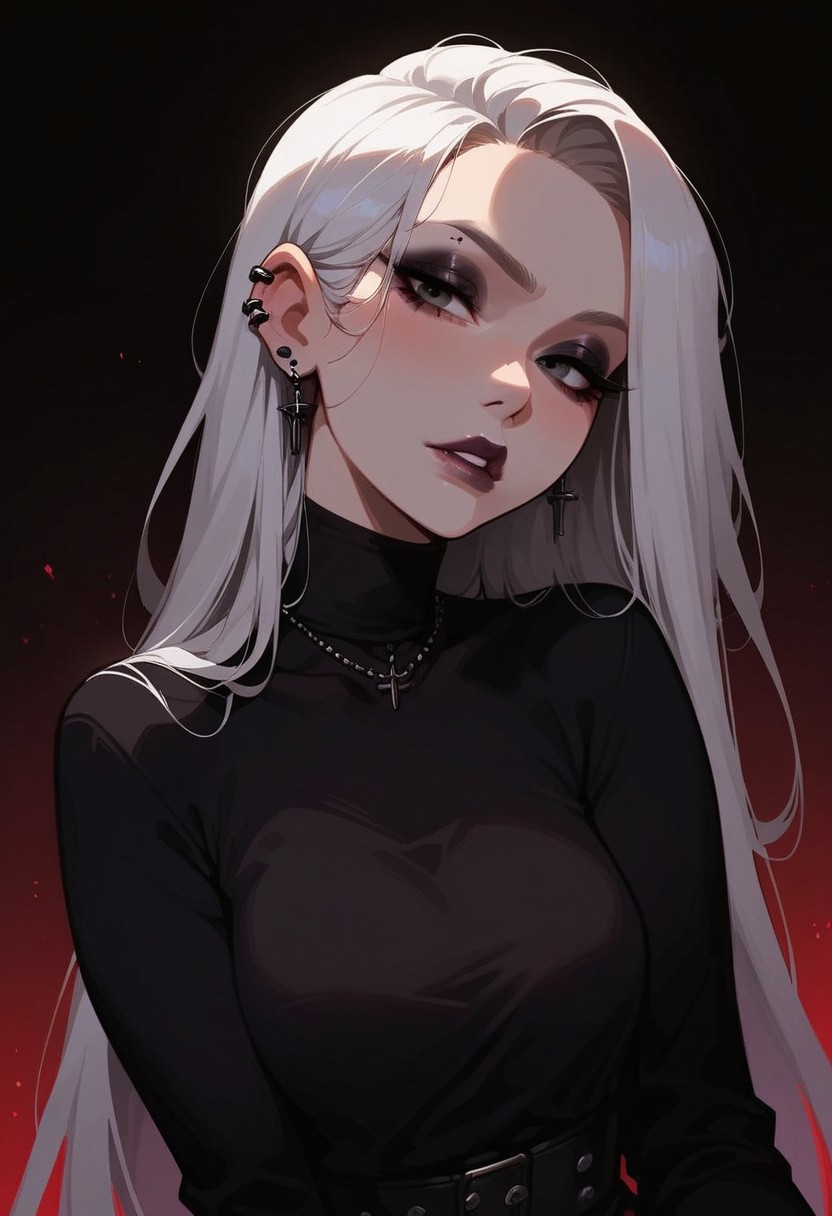 score_9, score_8_up, score_7_up, score_6_up, pretty woman, 21 year old, 1girl, very pale skin, white skin, goth girl, emo, eyeliner, eyeshadow, white hair, long hair, straight hair, black eyes, pretty face, long hair, pretty eyes, long sleeves, shirt, skirt, sexy pose