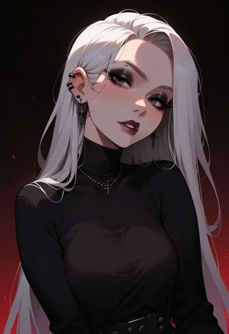 score_9, score_8_up, score_7_up, score_6_up, pretty woman, 21 year old, 1girl, very pale skin, white skin, goth girl, emo, eyeliner, eyeshadow, white hair, long hair, straight hair, black eyes, pretty face, long hair, pretty eyes, long sleeves, shirt, skirt, sexy pose