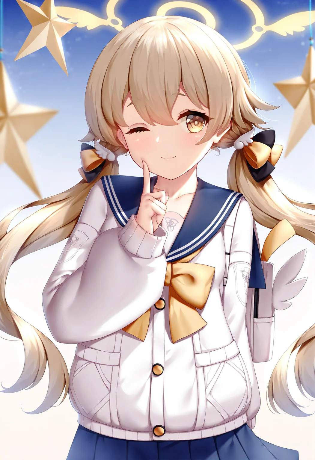 1girl, hifumi \(blue archive\), twintails, one eye closed, solo, halo, smile, low twintails, long hair, looking at viewer, school uniform, long sleeves, light brown hair, hair between eyes, skirt, ;\), cardigan, finger to mouth, yellow eyes, bow, pleated skirt, star \(symbol\), bag, white cardigan, depth of field, collarbone, closed mouth, sailor collar, blurry, blue sailor collar,
masterpiece,best quality,newest,absurdres,highres,very awa,<lora:wsman1_noob1.1-000199:0.9>,