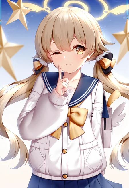 1girl, hifumi \(blue archive\), twintails, one eye closed, solo, halo, smile, low twintails, long hair, looking at viewer, school uniform, long sleeves, light brown hair, hair between eyes, skirt, ;\), cardigan, finger to mouth, yellow eyes, bow, pleated skirt, star \(symbol\), bag, white cardigan, depth of field, collarbone, closed mouth, sailor collar, blurry, blue sailor collar,
masterpiece,best quality,newest,absurdres,highres,very awa,<lora:wsman1_noob1.1-000199:0.9>,