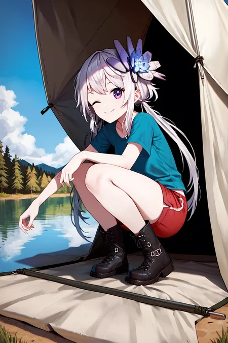 score_9, score_8_up, score_7_up, score_6_up, rating_questionable, source_anime, best quality, masterpiece, detailed background, detailed eyes, camping, tent, lake, blue t-shirt, red shorts, black boots, smile, wink, crouching, knees together, cowboy shot, <lora:philia-xl-27:1.2>, philia, violet_eyes, long pigtails, stella hair ornament, small breasts,