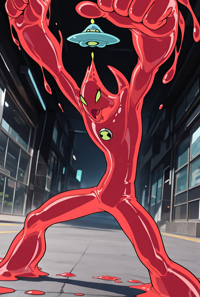 <lora:goop-09:1> goop, solo, no humans, male focus, red skin, pokemon (creature), slime (substance), translucent character, transparent skin, floating small  ufo on head, dynamic pose, stretchy limbs, red slime, massive hands, 
angry, stretching arms, large arms, long arms, pov, punch, open mouth, slime mouth, slime teeth, masterpiece, best quality, amazing quality, very aesthetic, absurdres, newest,