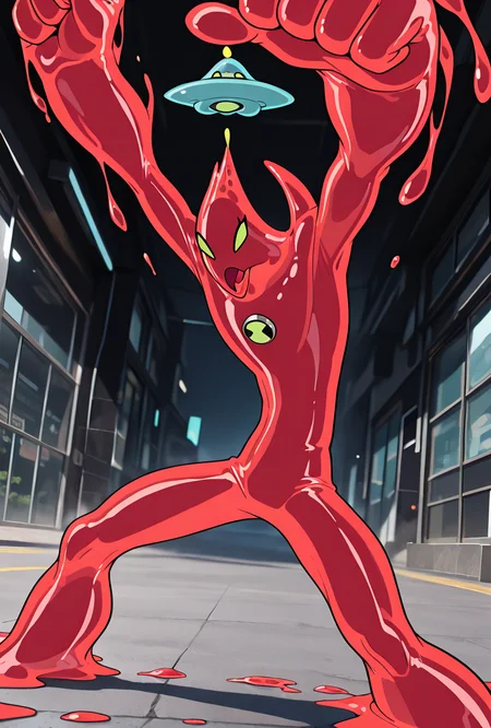 <lora:goop-09:1> goop, solo, no humans, male focus, red skin, pokemon (creature), slime (substance), translucent character, transparent skin, floating small ufo on head, dynamic pose, stretchy limbs, red slime, massive hands,
angry, stretching arms, large arms, long arms, pov, punch, open mouth, slime mouth, slime teeth, masterpiece, best quality, amazing quality, very aesthetic, absurdres, newest,