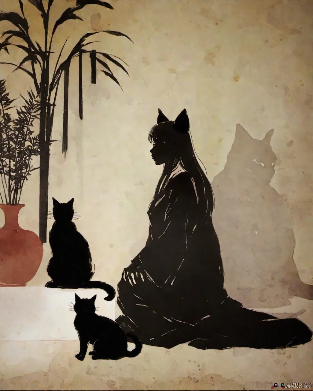 <lora:niohstorytelling-step00000400:1>,niohstorytell,silhouete of a woman sitting next to a cat