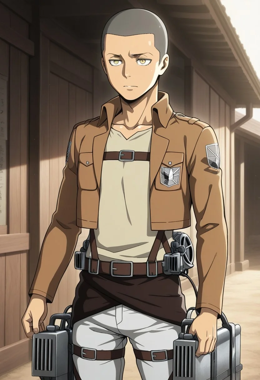 masterpiece, best quality, amazing quality, very aesthetic, absurdres, newest, detailed background, warm natural lighting, lively and bustling atmosphere, background details visible, shiny skin, outdoor,
1boy, ConSpretime, very short hair, buzz cut, yellow eyes, paradis military uniform (jacket, shirt, pants), emblem, three-dimensional maneuver gear, thigh strap