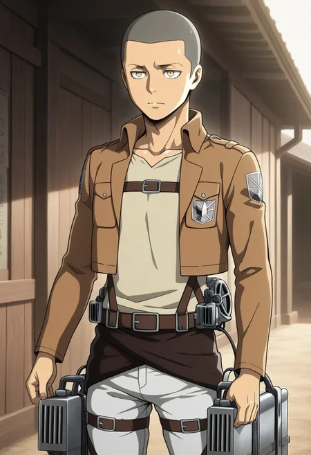 masterpiece, best quality, amazing quality, very aesthetic, absurdres, newest, detailed background, warm natural lighting, lively and bustling atmosphere, background details visible, shiny skin, outdoor,
1boy, ConSpretime, very short hair, buzz cut, yellow eyes, paradis military uniform (jacket, shirt, pants), emblem, three-dimensional maneuver gear, thigh strap